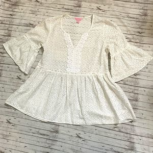 Lilly Pulitzer Shirt Womens Sz XXS White Geometric Lace Popover Bell Sleeve Boho